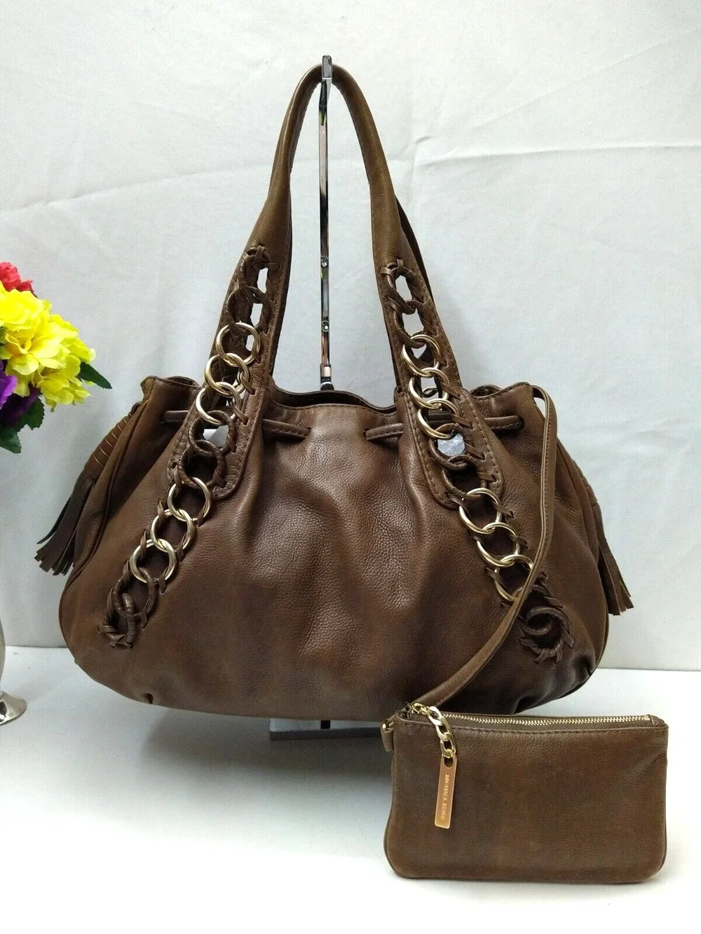 Michael Kors Brown Leather Tassel Double Handles Shoulder Bag W/ Wallet